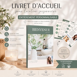 Peut inclure: Un livret d'accueil numérique pour locations saisonnières. La couverture indique "Bienvenue Welcome" avec une photo d'un vase avec de la verdure. Le livret est entièrement personnalisable et comprend 25 pages prêtes à être personnalisées.