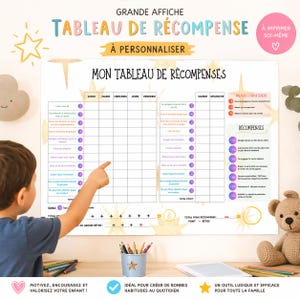 Puede incluir: Un cuadro de recompensas blanco con texto colorido, incluyendo "Tableau de Récompense" y "À Personnaliser". El cuadro tiene secciones para cada día de la semana, una lista de recompensas y un niño señalando. También se ven un oso de peluche y lápices. Medidas métricas.