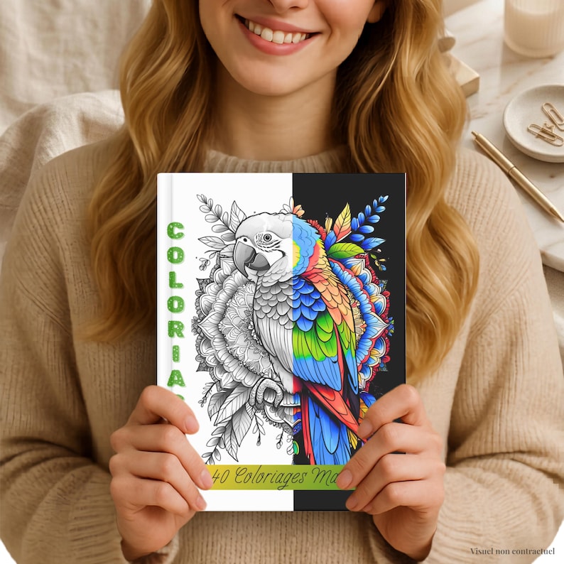 May include: A coloring book with a split design featuring a parrot illustration. One side is black and white, the other is a vibrant, colorful depiction. The cover also includes the word "COLORIA" in green and the text "40 Coloriages Ma".