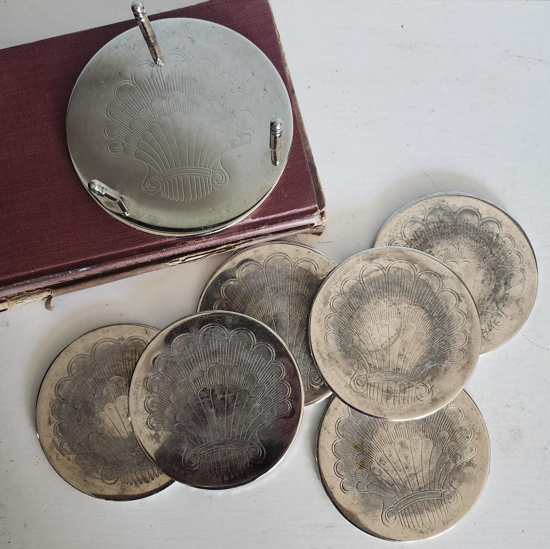 Vintage Art DecoSilver Plated Shell Coaster Set And Stand 7 Pc Fan Scallop