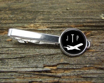 Airplane Aviation Tie Clip-Monogram-Silver or Gold-Weddings-Gift Box-Handmade-Wedding-Keepsake-Groom-Groomsmen-Men-Plane-Pilot-Commercial