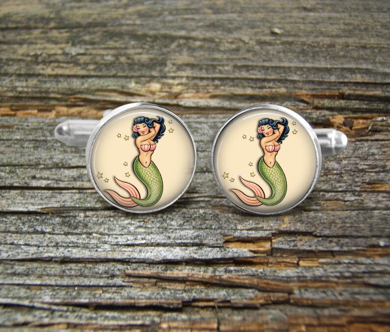 Mermaid Tattoo 2 Nautical Rope Gold Or Silver-Cufflinks-Wedding-Jewelry Box-Keepsake-Gift-Man gift-Boyfriend-Sailor-Sailing-Boats-Sailor