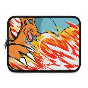 May include: A rectangular laptop sleeve with a black border featuring a graphic illustration of an orange dragon-like creature with wings, breathing a large burst of red, orange, and yellow flames against a light blue and white background.