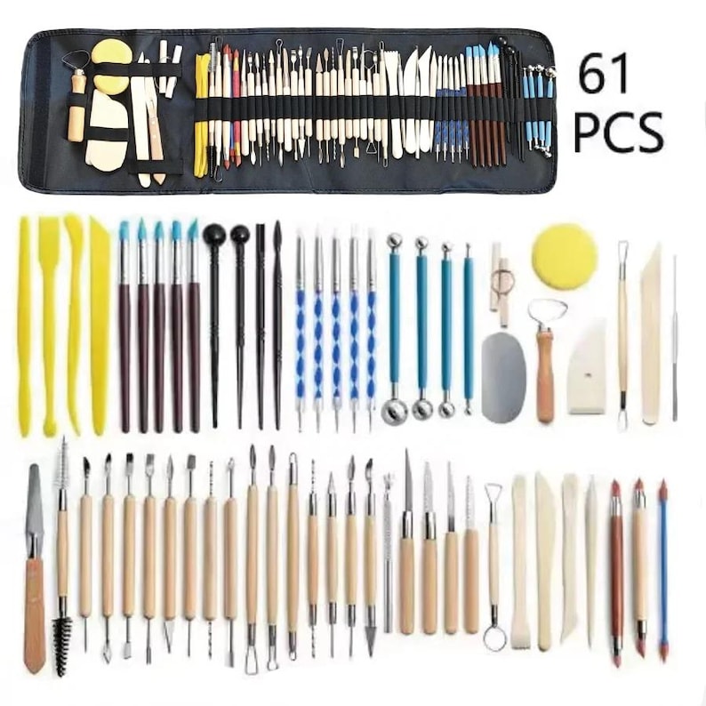 May include: A black tool roll containing a variety of sculpting tools, including brushes, knives, and modeling tools. The image also shows an assortment of tools laid out, with the text "61 PCS" in the upper right corner. The tools are in various colors and sizes.