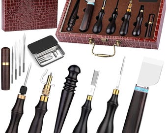 Leather Working Edge Beveler Set with Professional Toolbox Including Leather Cutting Knife Edge Beveler Wooden Edge Slicker Awl Set and Stit