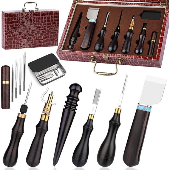 Leather Working Edge Beveler Set with Professional Toolbox Including Leather Cutting Knife Edge Beveler Wooden Edge Slicker Awl Set and Stit