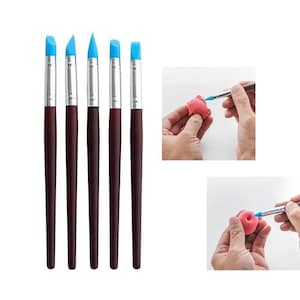 May include: Set of five art tools with blue silicone tips and dark brown handles. The tools have silver metal ferrules. The image also shows hands using a similar tool to shape pink clay.