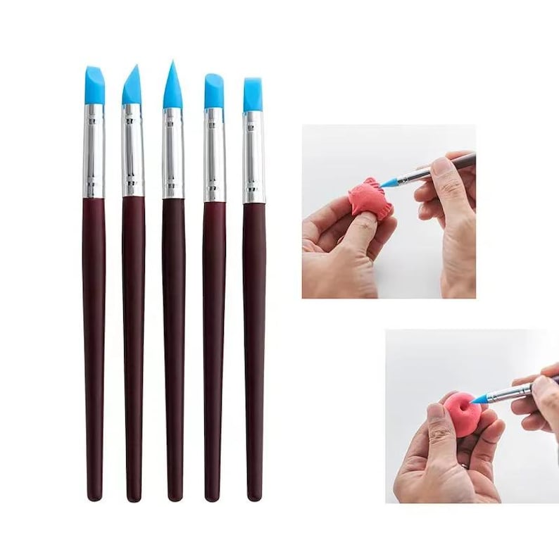 May include: Set of five art tools with blue silicone tips and dark brown handles. The tools have silver metal ferrules. The image also shows hands using a similar tool to shape pink clay.