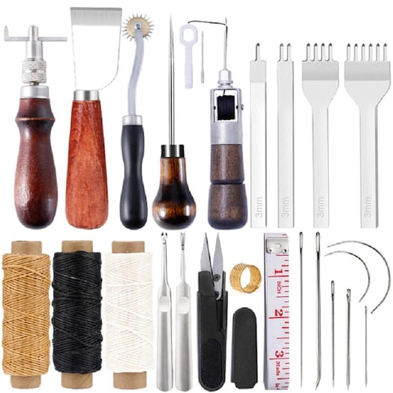 Leather Craft Tool Kit | Leather Hand Sewing Repair Kit | Stitching Punch | Carving Work Groover Set | DIY Tool Set | Professional