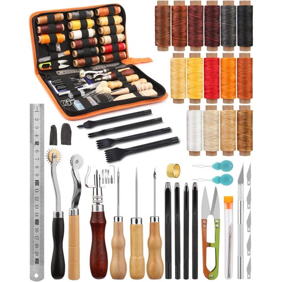 Leather Working Tools Kit | Complete Leathercraft Set with Groover, Awl, Punch & Waxed Thread - Ideal for Beginners Adults Gifts