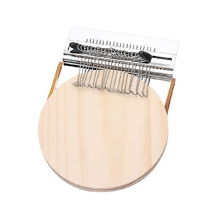 May include: A wooden circular frame with a metal rack of hooks attached to the top. The hooks are designed to hold hangers.
