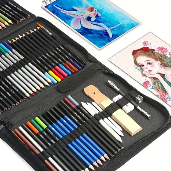 Drawing Set - 76 Pack Sketching Kit with Pencils, Watercolor Pad & Supplies, Metallic Color Options for Artists Beginners