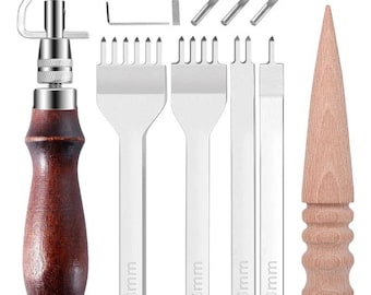 Leather Tool Set With Hole Punch Tool & Carving Work Stitching Tool and Round Leather Craft Tool Edge Polisher