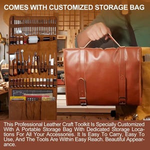 May include: A brown leather craft toolkit with a portable storage bag. The toolkit includes various tools and accessories, and the bag has dedicated storage locations. The text "COMES WITH CUSTOMIZED STORAGE BAG" is visible.
