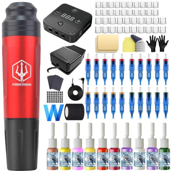 Tattoo Kit, High Power Tattoo Pen Kit, For Permanent Makeup Tattoo Machine Kit Hot Red Tattoo Power Supply Tattoo Gun Kit