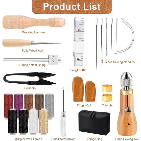 28PCS Sewing Awl Kit: DIY Leather Tool Set with Needles, Waxed Thread, Needle Threaders & Beech Mallet