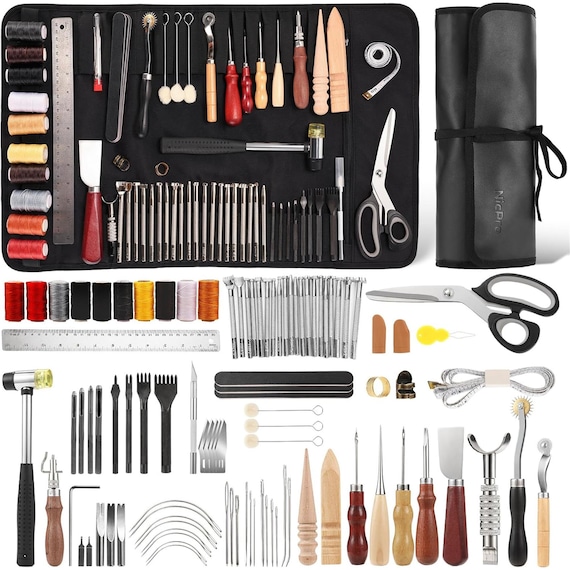 85PCS Leather Tooling Kit - Leather Working Tools for Beginners, Custom Storage Bag, Crafting, Stamping, Sewing & Carving