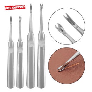 May include: Four silver leathercraft tools with different sized U-shaped tips. Two close-up circular images show the tool tips and a tool in use on brown leather. The text "FREE SHIPPING" is in a red rectangle in the upper left corner.