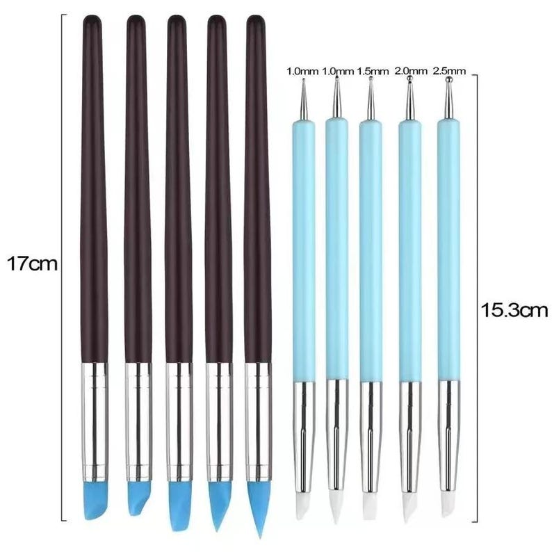 May include: A set of sculpting tools, including six dark brown handled tools with blue tips and five light blue handled tools with metal tips. The tools are approximately 17cm and 15.3cm in length, respectively. The tips are labeled with sizes.
