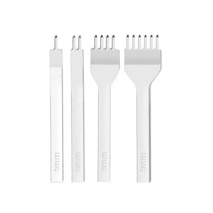 May include: Four silver leather punch tools with different sized holes. The tools are labeled 3mm, 3mm, 5mm, and 5mm.