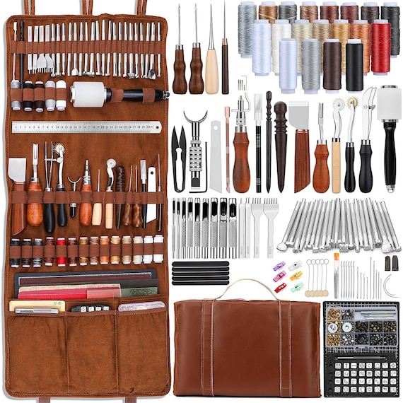 Leather Tooling Kit - Premium Leather Craft Tools & Supplies for Handbag Making, Engraving, Punching, Sewing Stamping