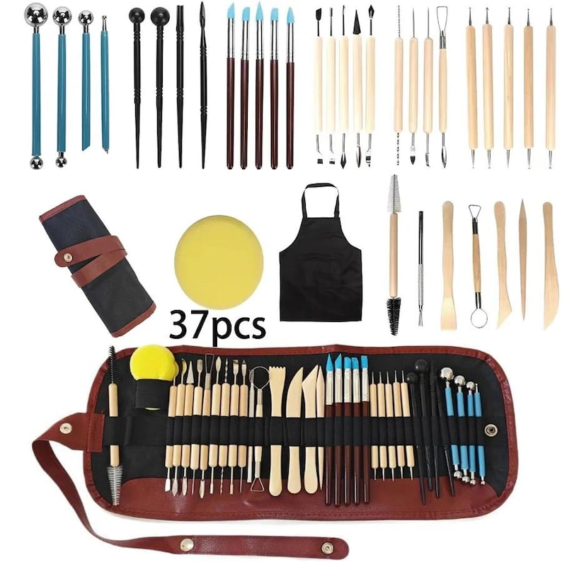 May include: A 37-piece pottery and sculpting tool set. The set includes various tools with wooden and metal handles, blue and brown tips, and a black apron. The tools are displayed in a brown leather roll-up case.