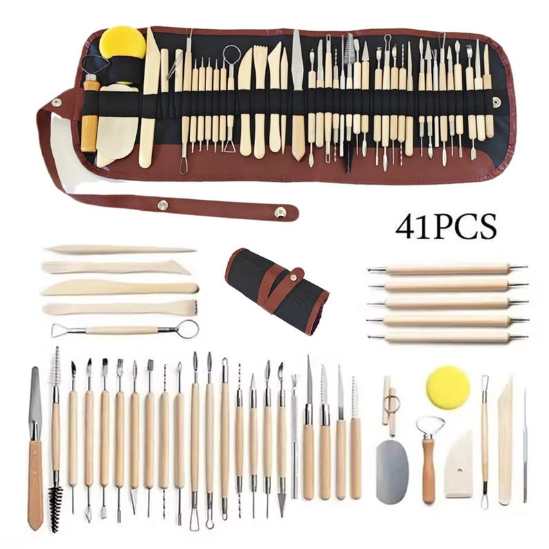 May include: A collection of 41 pottery and sculpting tools, including wooden modeling tools, metal tools, sponges, and rolling pins. The tools are displayed in a brown leather-like roll-up case and arranged on a white background.