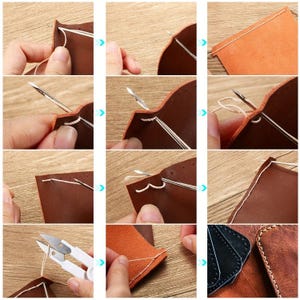 Puede incluir: Una serie de im&aacute;genes que demuestran los pasos para coser cuero a mano. El proceso implica una aguja e hilo, mostrando c&oacute;mo coser a trav&eacute;s de las piezas de cuero. Las im&aacute;genes muestran la aguja siendo empujada a trav&eacute;s del cuero y el hilo siendo tirado.