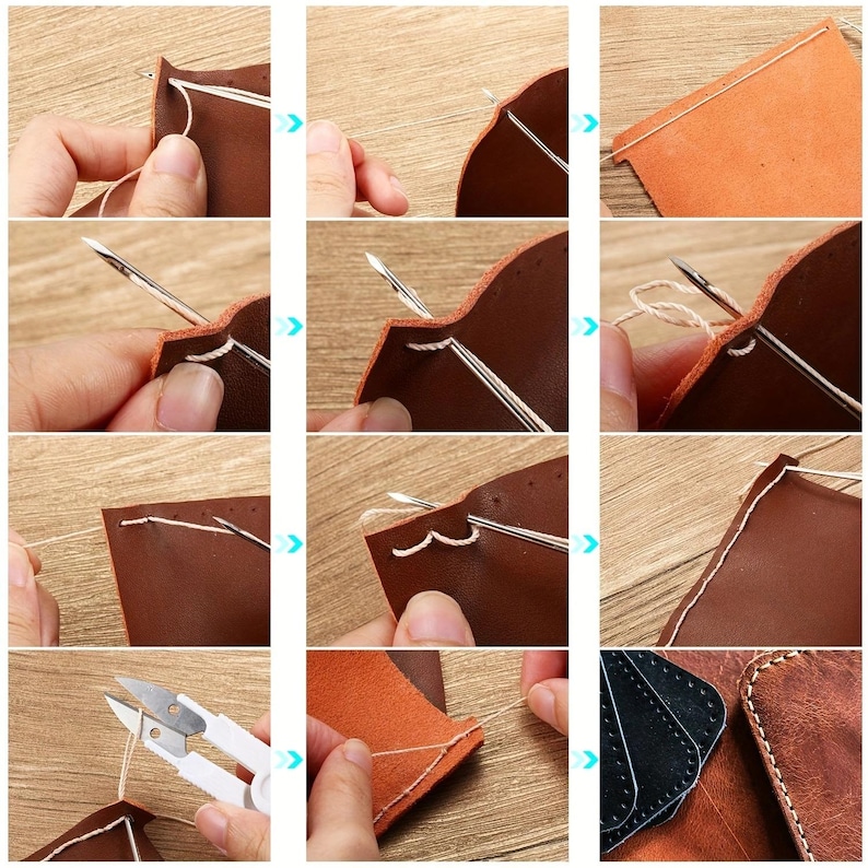 Puede incluir: Una serie de im&aacute;genes que demuestran los pasos para coser cuero a mano. El proceso implica una aguja e hilo, mostrando c&oacute;mo coser a trav&eacute;s de las piezas de cuero. Las im&aacute;genes muestran la aguja siendo empujada a trav&eacute;s del cuero y el hilo siendo tirado.