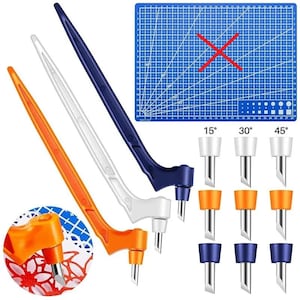 May include: A set of craft tools featuring three swivel knives in orange, white, and navy blue, along with a blue cutting mat. Additional blades are shown with 15°, 30°, and 45° angles. The tools are designed for detailed cutting tasks.