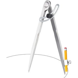 May include: A silver metal drafting compass with two long, pointed legs connected by a central pivot and an adjustable arc mechanism featuring a black tightening knob. A yellow pencil is secured to one leg with a silver metal holder and screw.