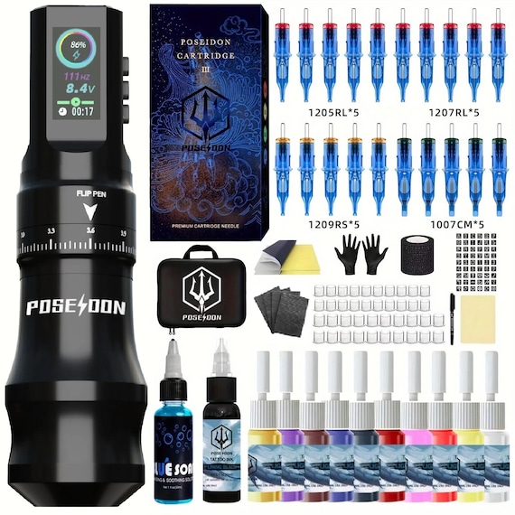 POSEIDON High-Quality Tattoo Pen Kit – Professional Permanent Makeup & Tattoo Machine with Power Supply
