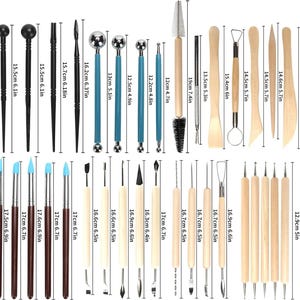 May include: A set of 30 pottery and sculpting tools. The tools include various shapes and sizes, such as ball-tipped tools, loop tools, and brushes. The tools are made of wood, metal, and silicone, with measurements in inches.