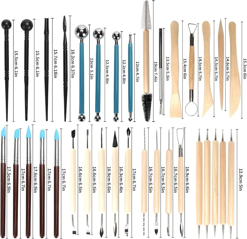 May include: A set of 30 pottery and sculpting tools. The tools include various shapes and sizes, such as ball-tipped tools, loop tools, and brushes. The tools are made of wood, metal, and silicone, with measurements in inches.