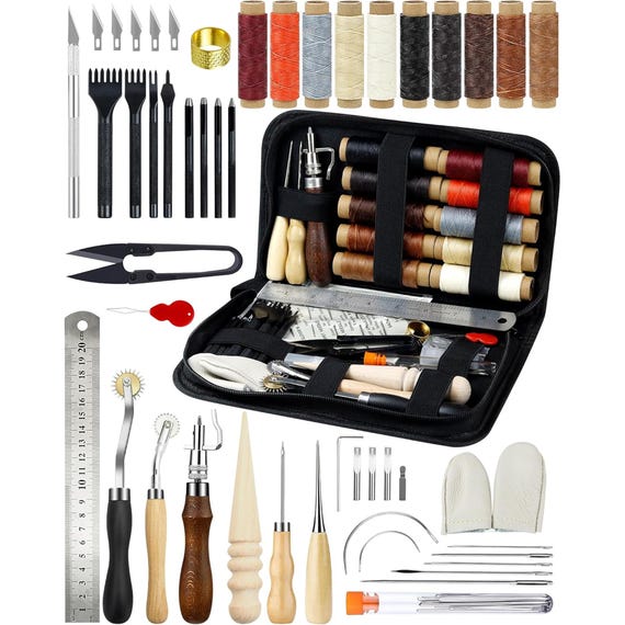 Leather Working Tools for Beginners: Professional Craft Kit with Waxed Thread, Groover, Awl & Stitching Punch