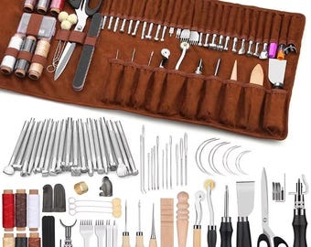 48/72pcs Leather Craft Sewing Working Tools Kit with Upholstery Thread Awl Needles Thimble for Repair Stitching DIY