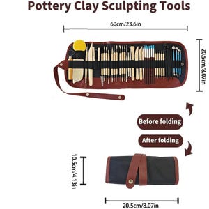 May include: A set of pottery clay sculpting tools displayed open and rolled up. The open set is 23.6 inches wide and 8.07 inches high. The rolled-up set is 8.07 inches wide and 4.13 inches high. The text "Pottery Clay Sculpting Tools" is at the top.