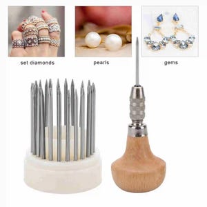 May include: A jewelry setting tool kit featuring a white circular base holding multiple thin metal pins, alongside a wooden-handled metal graver tool. The image includes small inset photos showing rings with set diamonds, white pearls, and blue gem earrings.