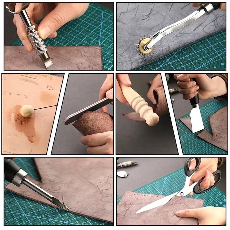 Puede incluir: Una colecci&oacute;n de herramientas de marroquiner&iacute;a, que incluye un biselador de bordes met&aacute;lico, una rueda de coser, un ranurador de cuero con mango de madera, un bru&ntilde;idor, un cuchillo de cuero, una lezna curva y tijeras. Las herramientas se muestran en uso sobre cuero.