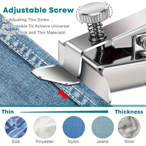 Könnte beinhalten: Ein Nähmaschinen-Nähfuß aus silbernem Metall mit einer Einstellschraube für verschiedene Stoffdicken. Der Text lautet: Adjustable Screw, By Adjusting This Screw, It Is Possible To Achieve Universal Use Of Thick and Thin Materials!