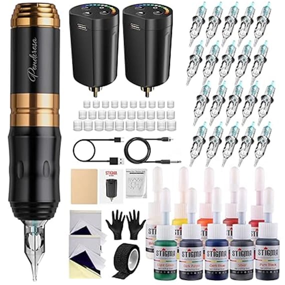 Cordless Tattoo Gun Tattoo Kit Complete with Pro Tattoo Pen, 2 Tattoo Batteries, 20 Tattoo Cartridge Needles,Tattoo Ink Color Set,