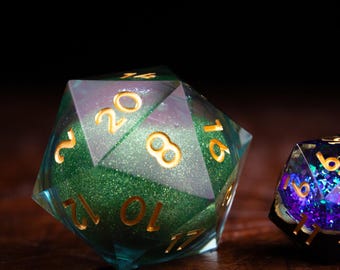 Giant Liquid Core D20 Dice for D&D | 35mm Oversized Emerald Die | Verdant Titan