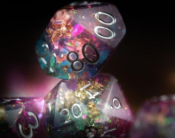 Pink and Purple Space Dice Set for DnD | Glitter Polyhedral Dice | Resin Cosmic Sky Dice for Tabletop RPGs