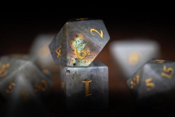 White Labradorite Gemstone Dice Set for DnD | Sharp Edge Polyhedral Dice | Rock-Themed Winterglint Dice for Tabletop RPGs