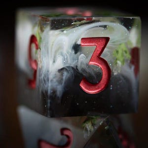 May include: A clear resin die with a red number 3 on the face. The interior has a smoky, black and white design with hints of green. The die is designed for tabletop gaming.