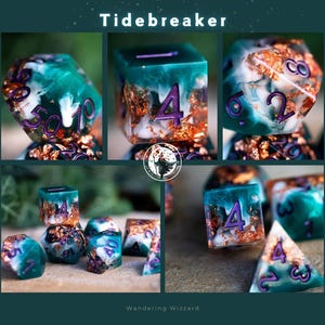 May include: Set of teal and white dice with gold flecks and purple numbers. The dice are part of a set called "Tidebreaker".