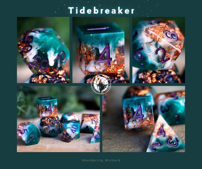 May include: Set of teal and white dice with gold flecks and purple numbers. The dice are part of a set called "Tidebreaker".