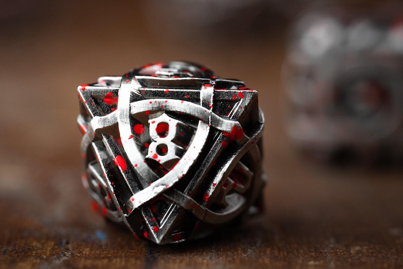 Red Metal Dice Set for DnD | Crimson Carnage Polyhedral Dice | Blood Splatter Heavy Metal Dice for Tabletop RPGs image 1