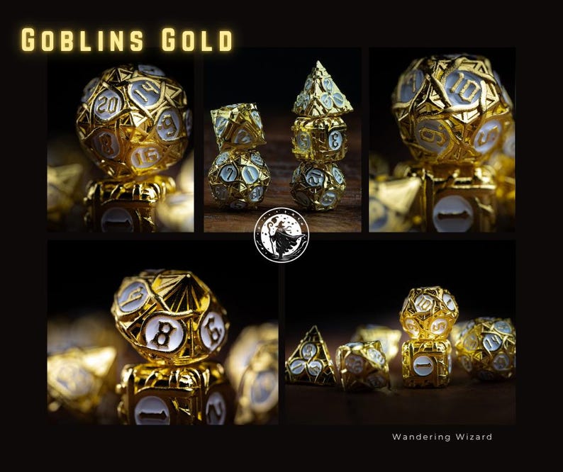 May include: A collection of gold-colored polyhedral dice with white numbering. The dice are displayed in a collage with the text "GOBLINS GOLD" at the top and "Wandering Wizard" at the bottom. The dice are for tabletop games.