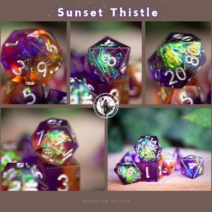 Dnd dice / Sharp Edge Dice set for DnD / Polyhedral dice set / Dnd Gifts / Shattered Starlight Sunset Thistle